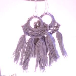 Boho Inspired Gray Cotton Crochet Fringed Drop Hoop Earrings